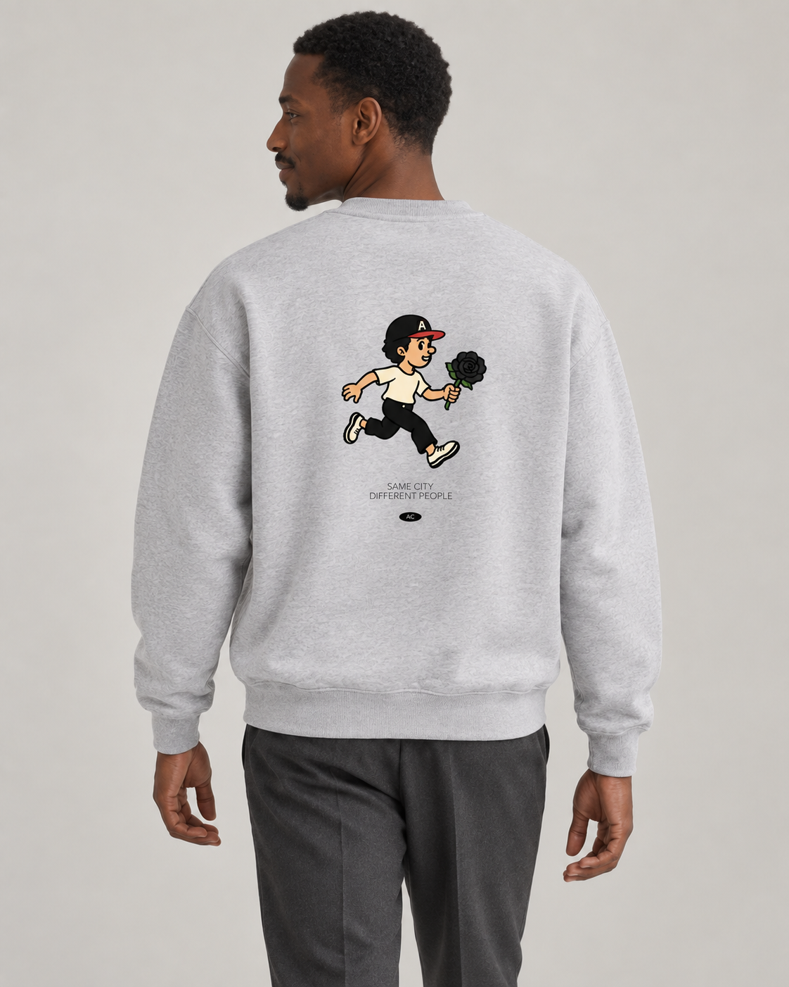 Rose Runner Sweatshirt in Flower Gray — male back, AI-assisted digital mockup
