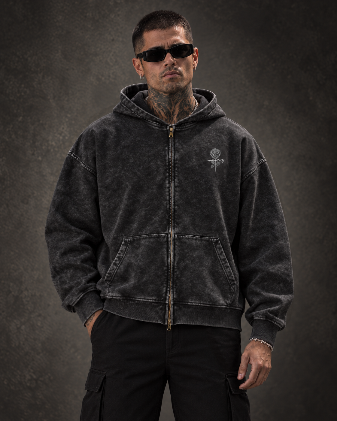 BLACK ROSE Hoodie with the zipper closed.