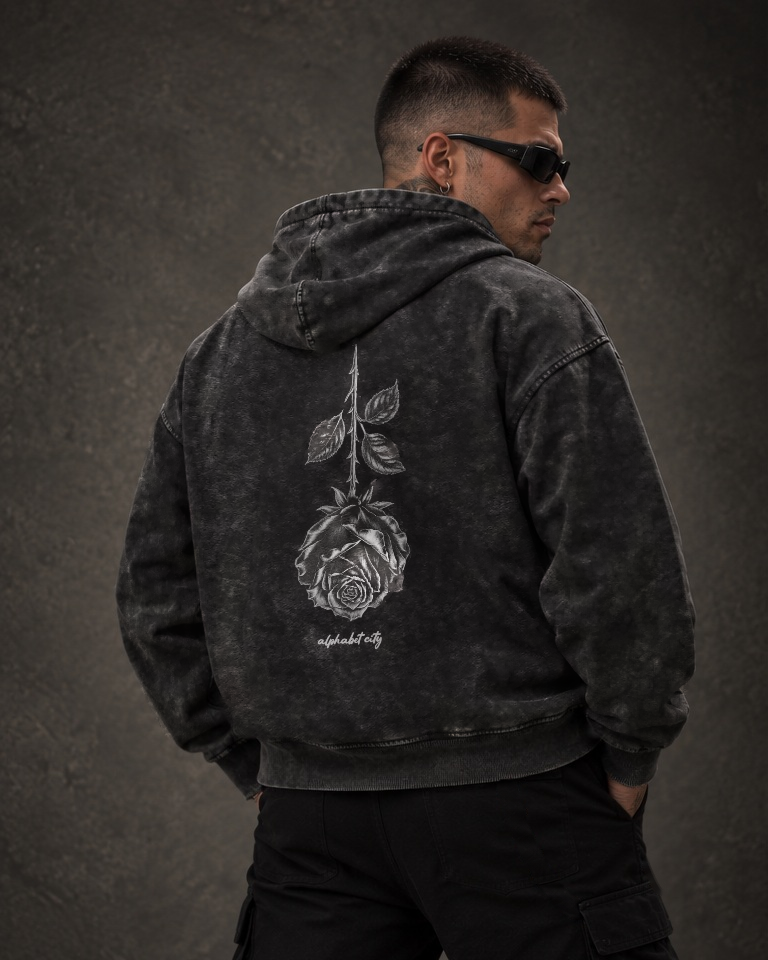 Back view of BLACK ROSE Hoodie with the hood down, looking over the shoulder.