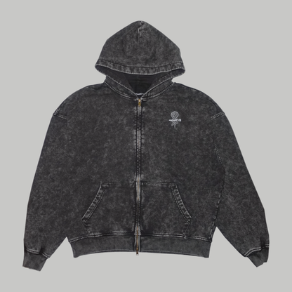 Front photograph of the BLACK ROSE Hoodie in Faded Black, showing the full zip, small chest rose, pockets and oversized shape.