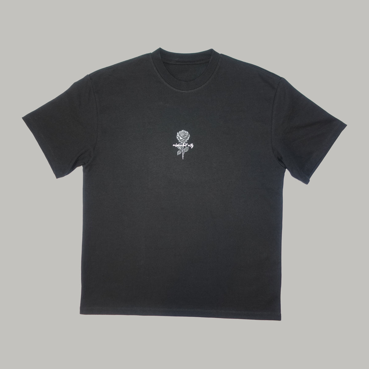 BLACK ROSE Tee actual garment, front view.