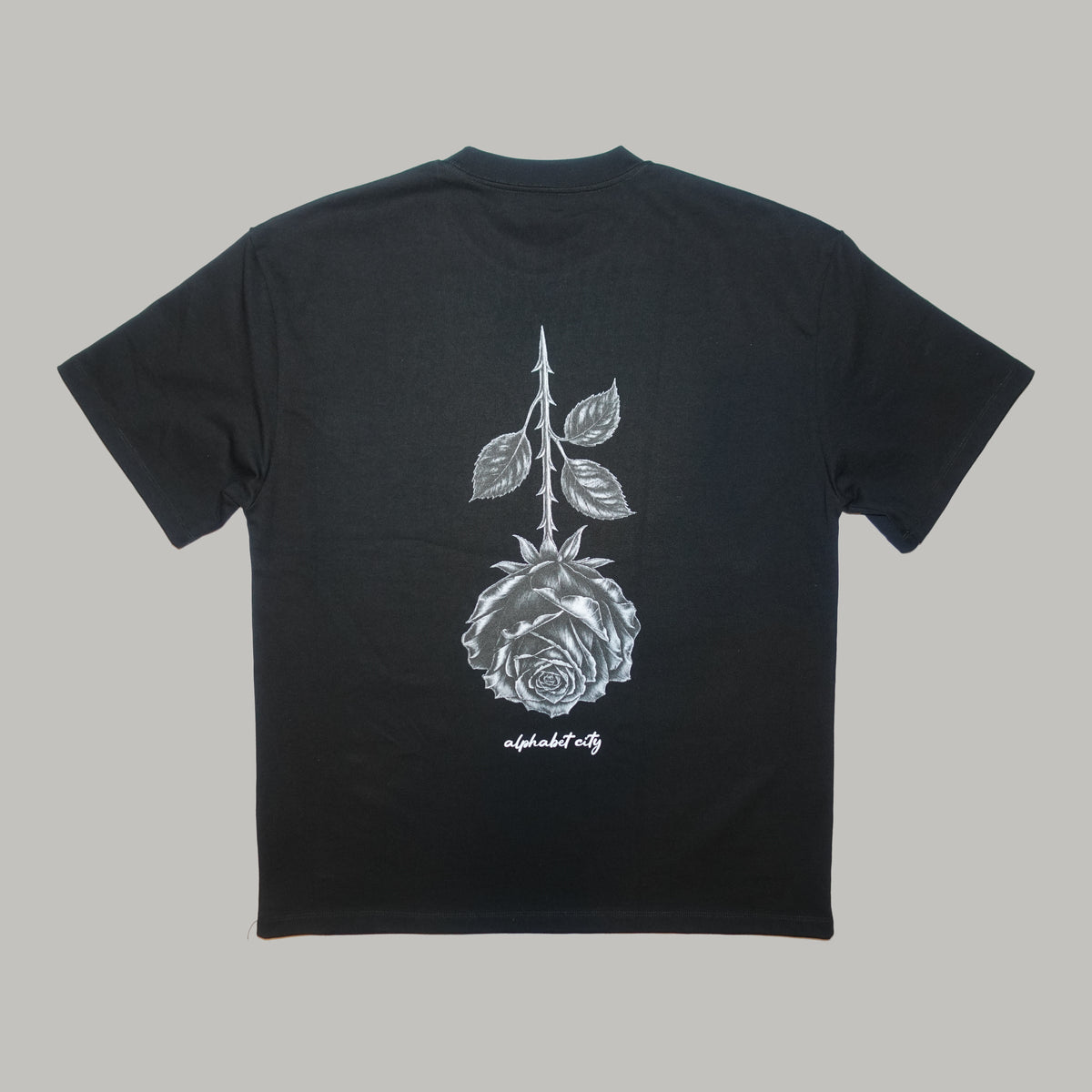 BLACK ROSE Tee actual garment, back view.