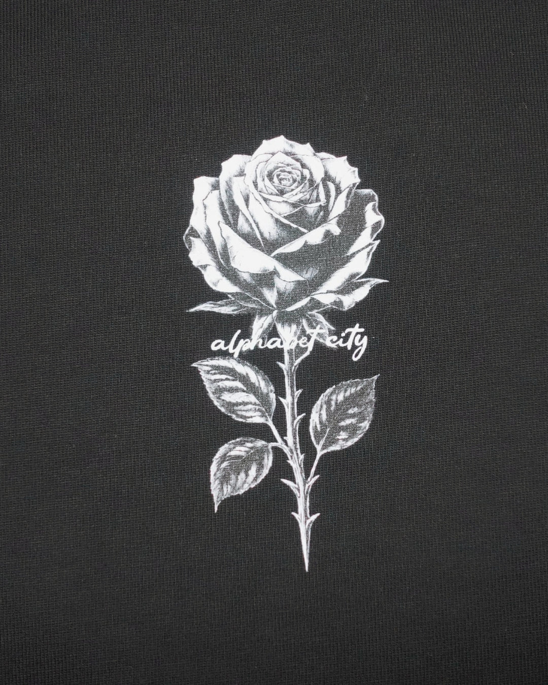 BLACK ROSE Tee front chest print detail.