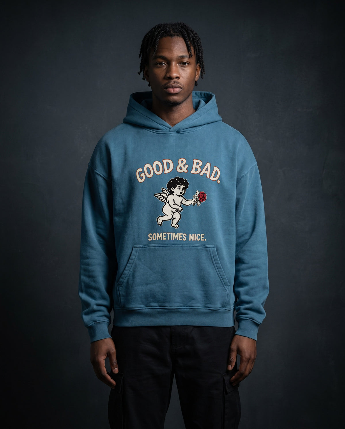 Model wearing the Good&Bad Heavyweight Pullover Hoodie in Kashmir Blue, front view