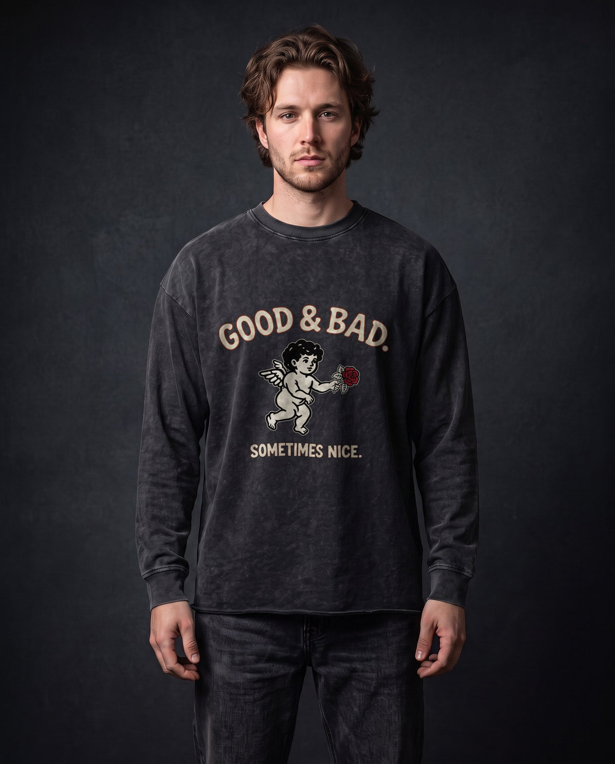 Model wearing the Good&Bad Long Sleeve Tee in Faded Black, front view