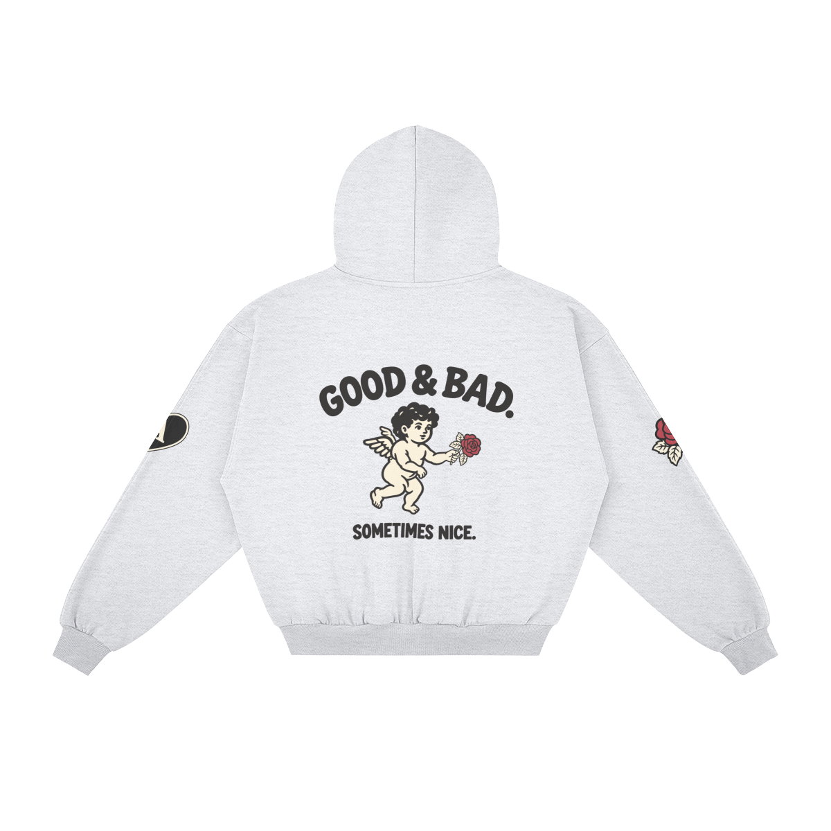 Good&Bad Zip Hoodie in Light Gray, back, angled view