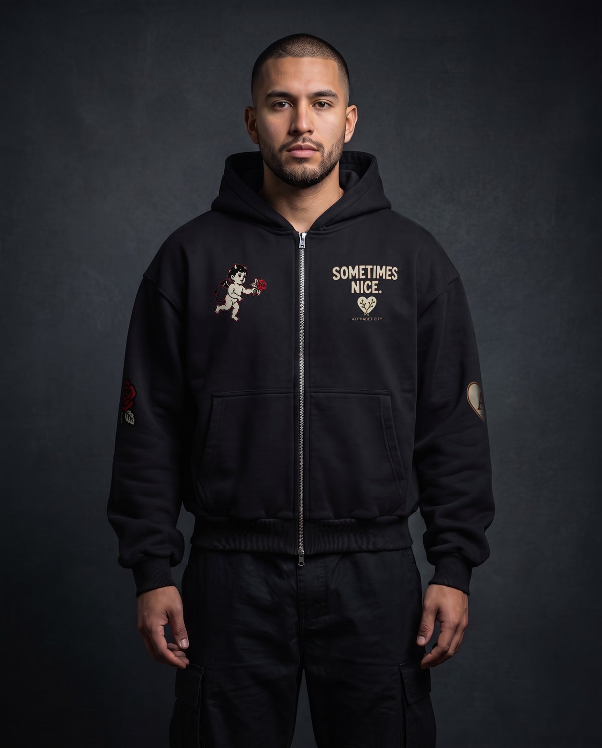 Model wearing the Good&Bad Zip Hoodie in Black, front view