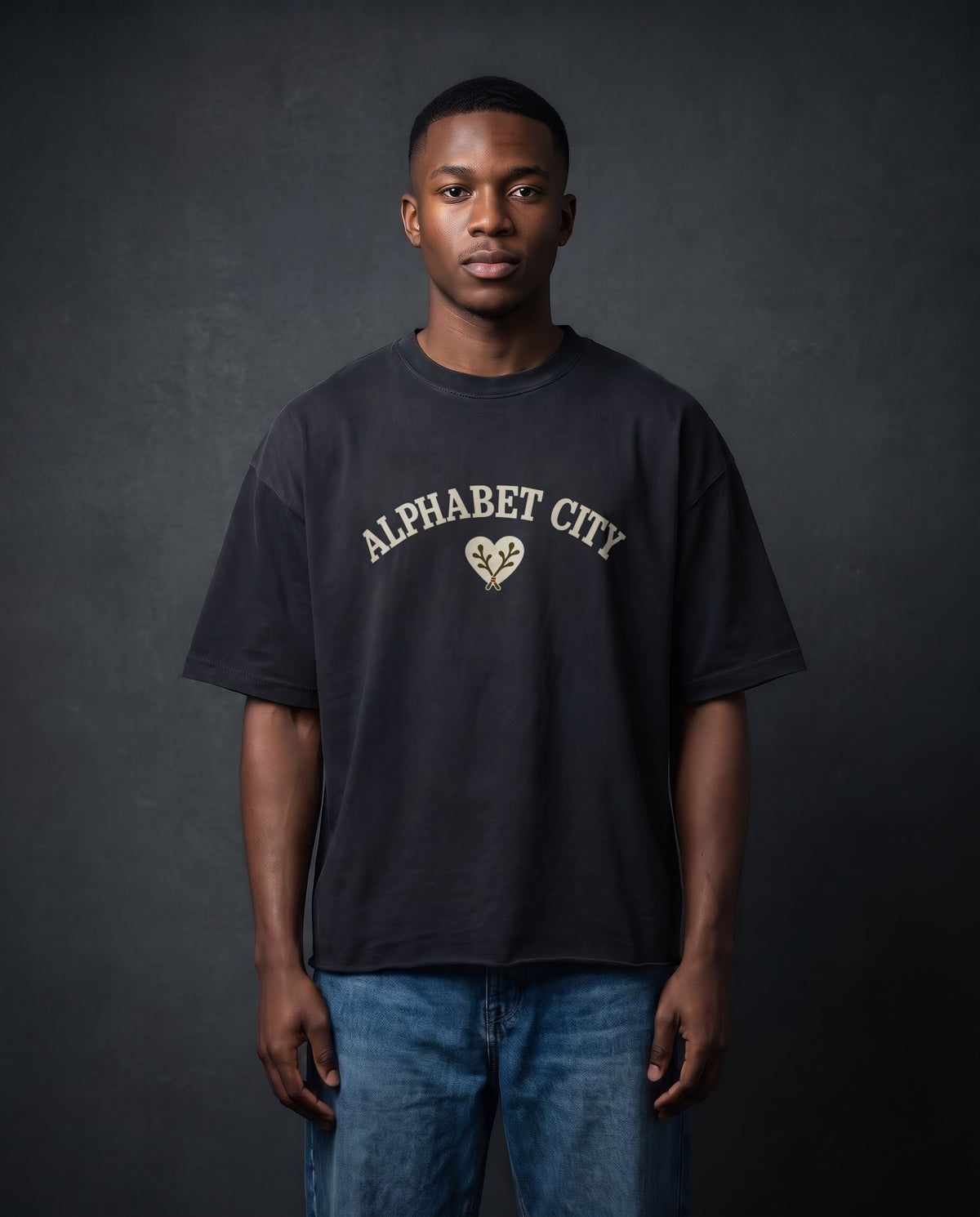 Model wearing the Rose Runner Cotton Tee in Faded Black, front view