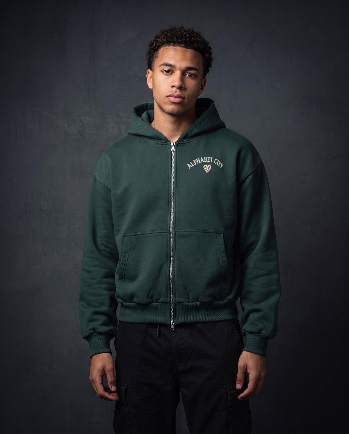 Model wearing the Rose Runner Zip Hoodie in Green, front view
