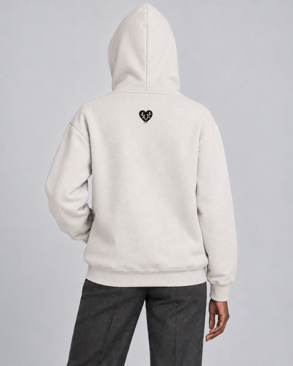 Heart Hoodie in Mild Apricot — model back, AI-assisted digital mockup