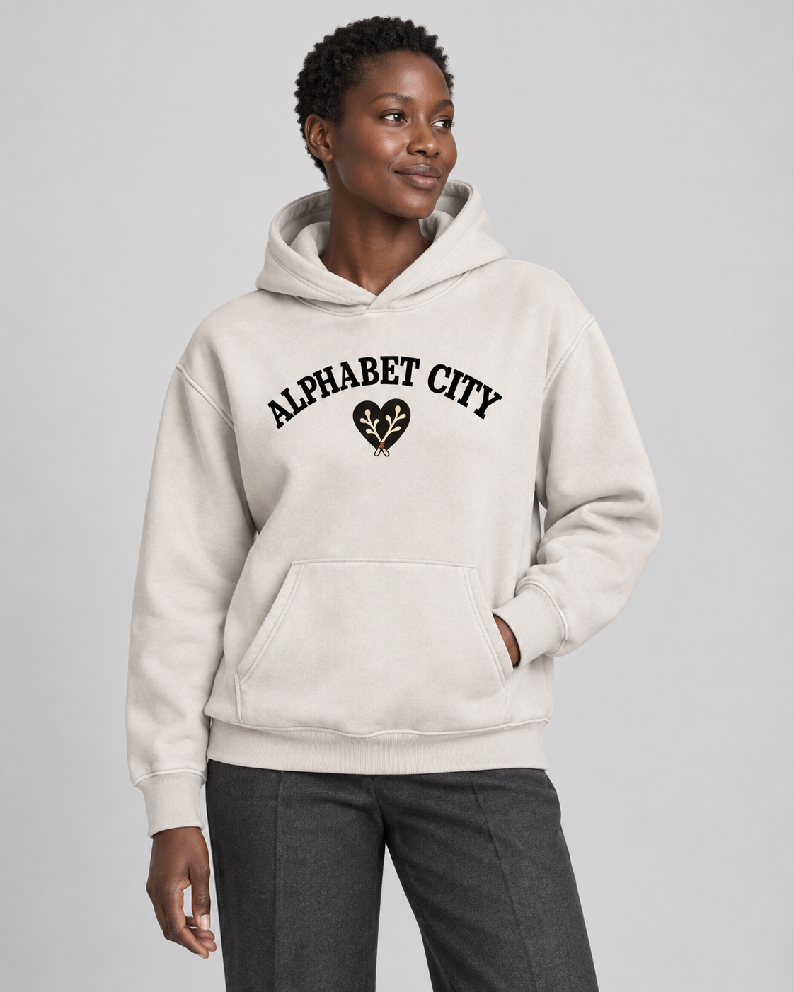 Heart Hoodie in Mild Apricot — model front, AI-assisted digital mockup