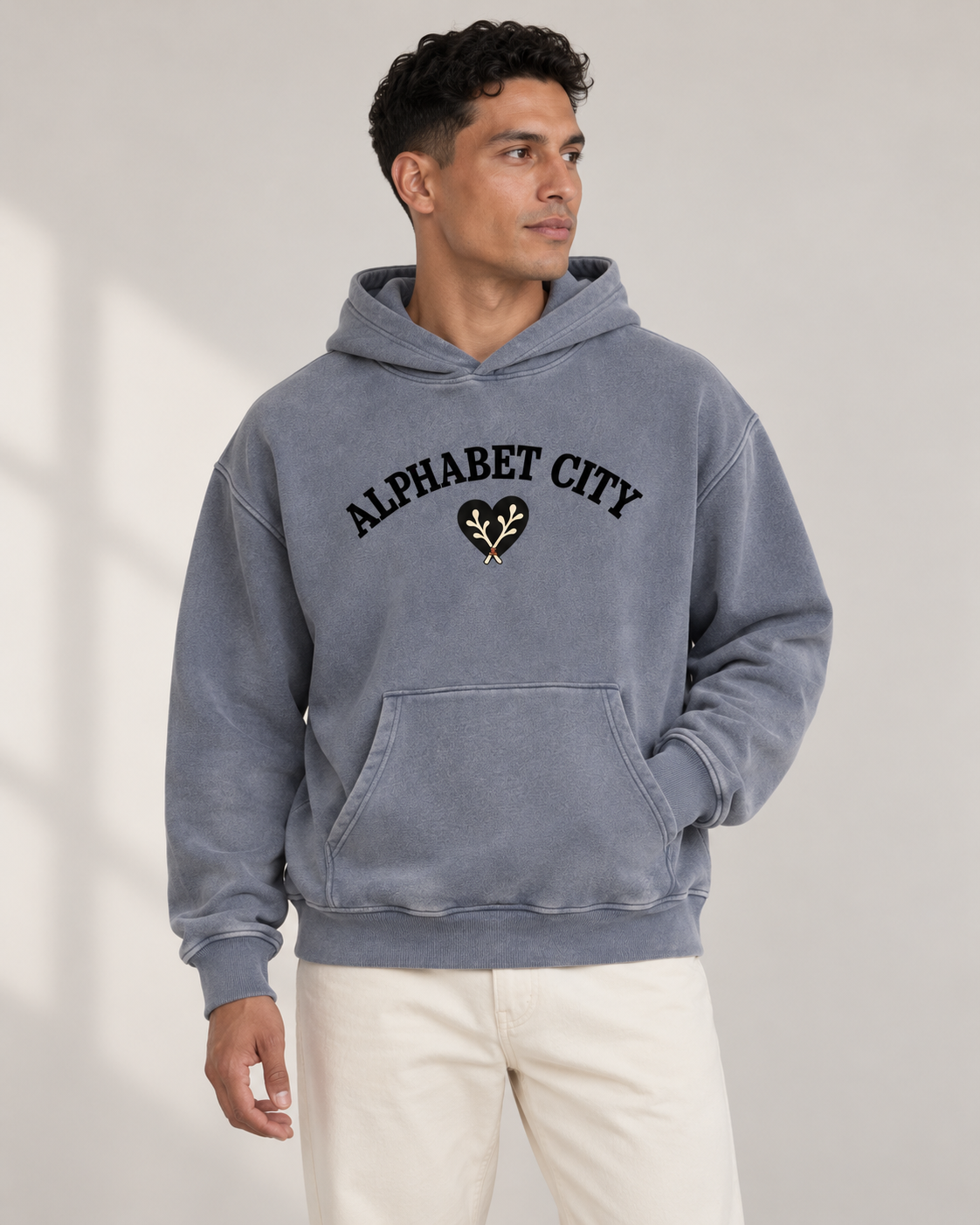 Heart Hoodie in Royal Blue — male front, AI-assisted digital mockup