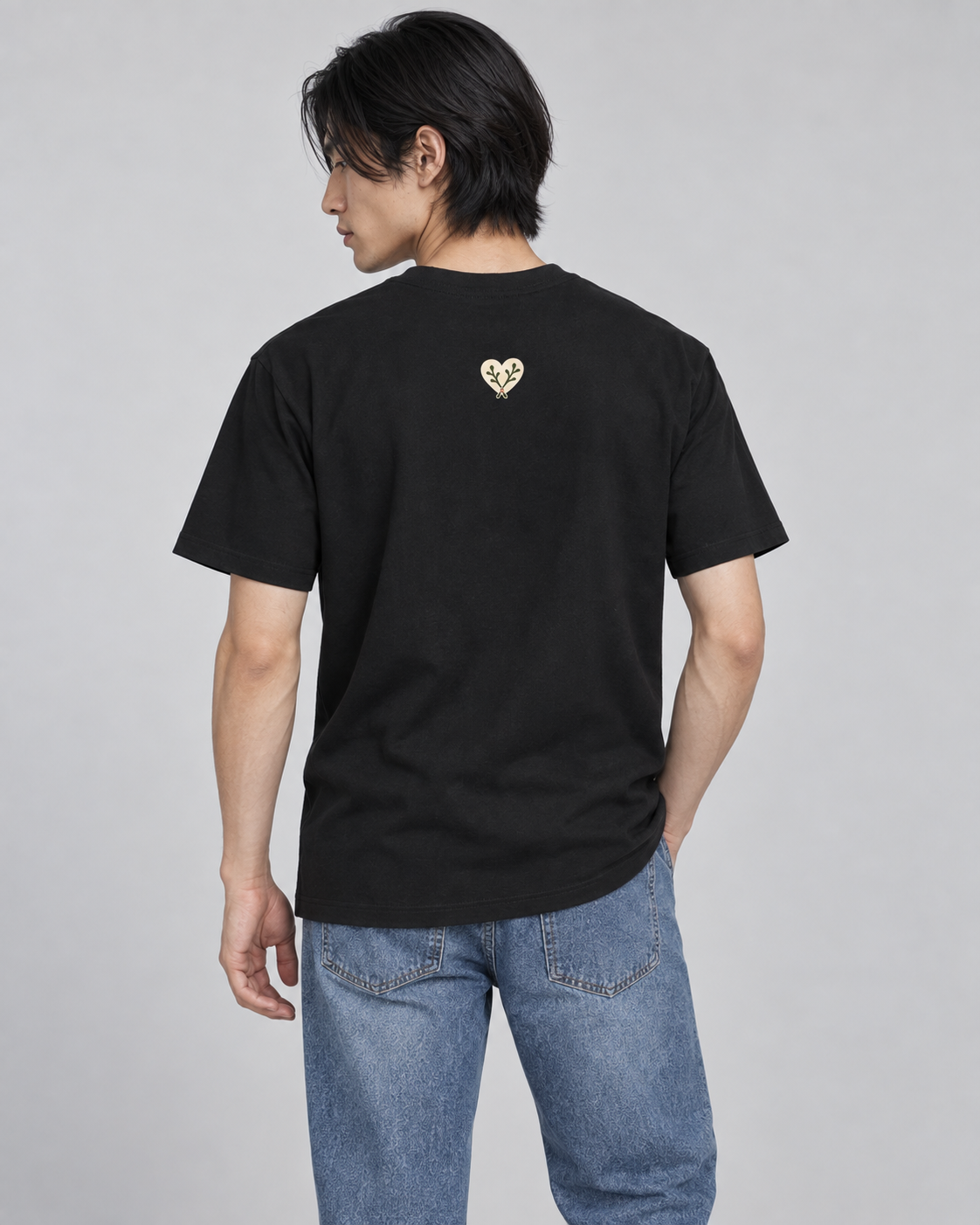Heart Tee in Black — model back view, AI-assisted digital mockup
