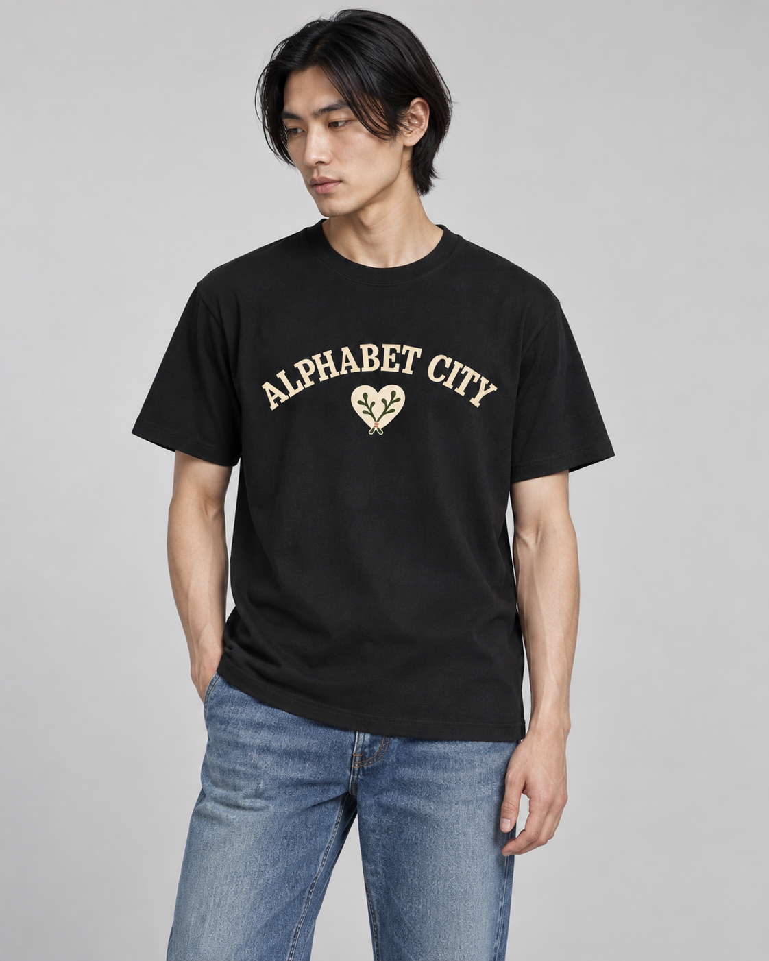 Heart Tee in Black — model front view, AI-assisted digital mockup