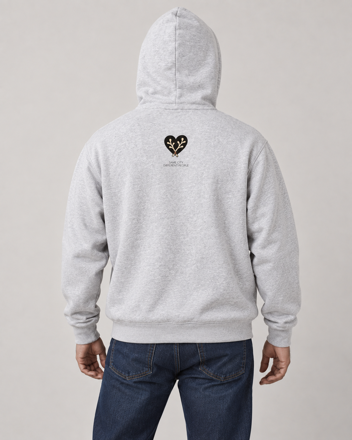 Heart Zip Hoodie in Flower Gray — model back view, AI-assisted digital mockup