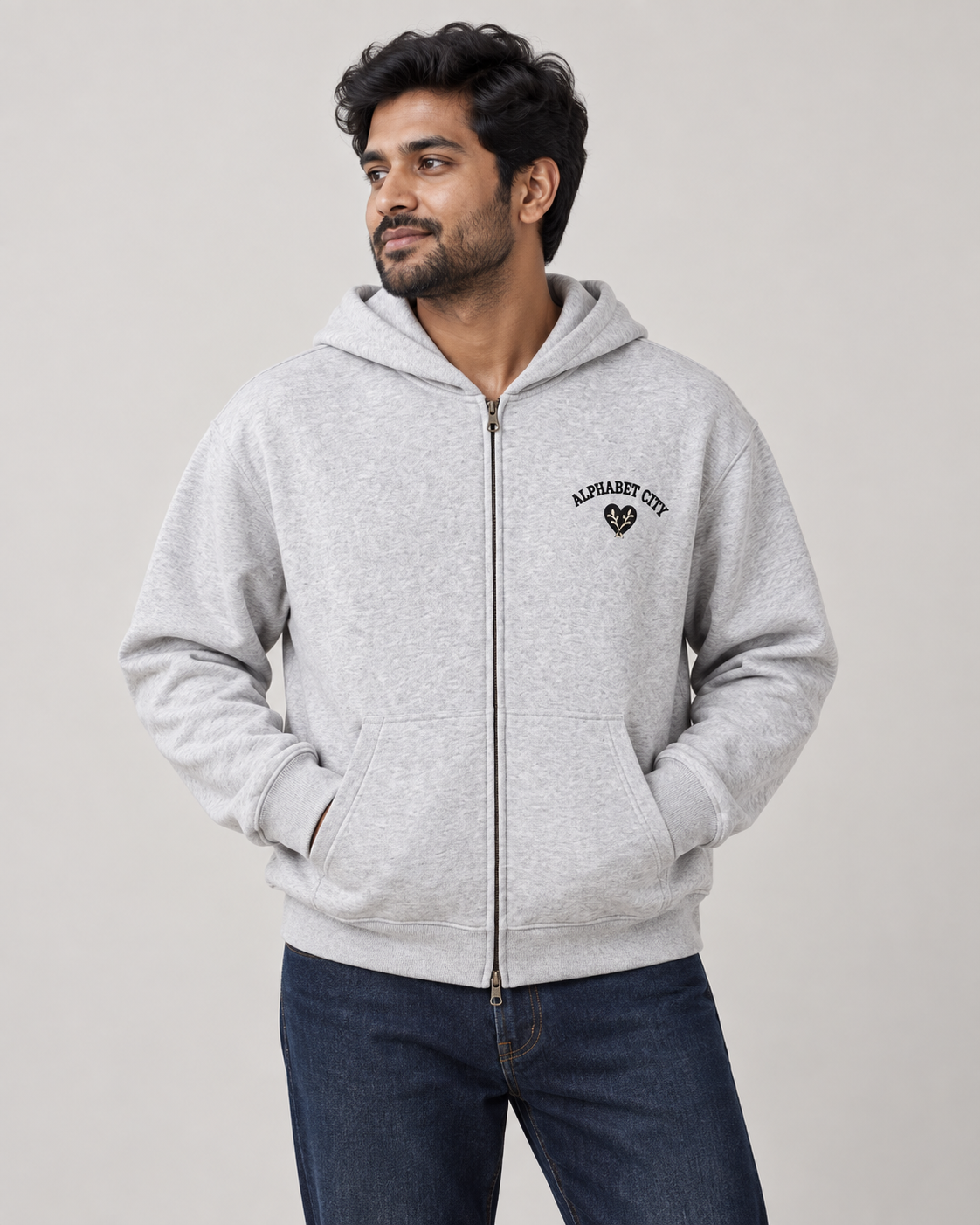 Heart Zip Hoodie in Flower Gray — model front view, AI-assisted digital mockup