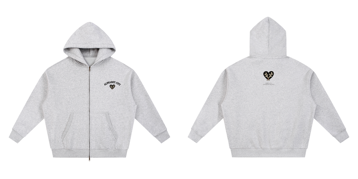 Heart Zip Hoodie in Flower Gray — front and back digital product mockup