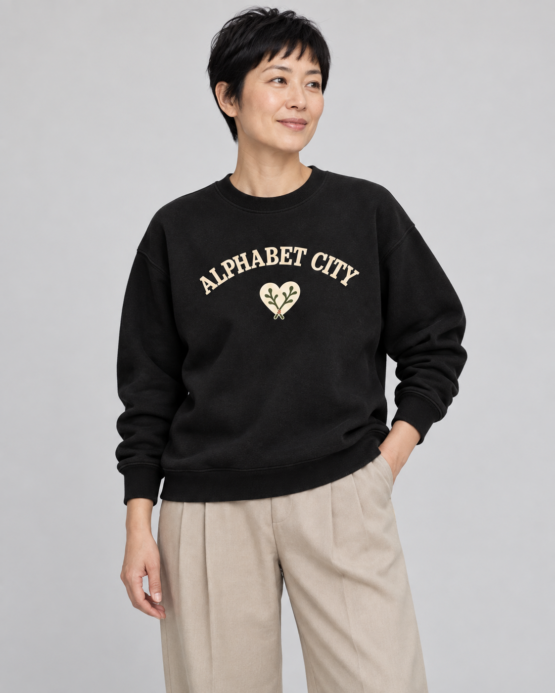 Rose Runner Sweatshirt in Black — model front, AI-assisted digital mockup