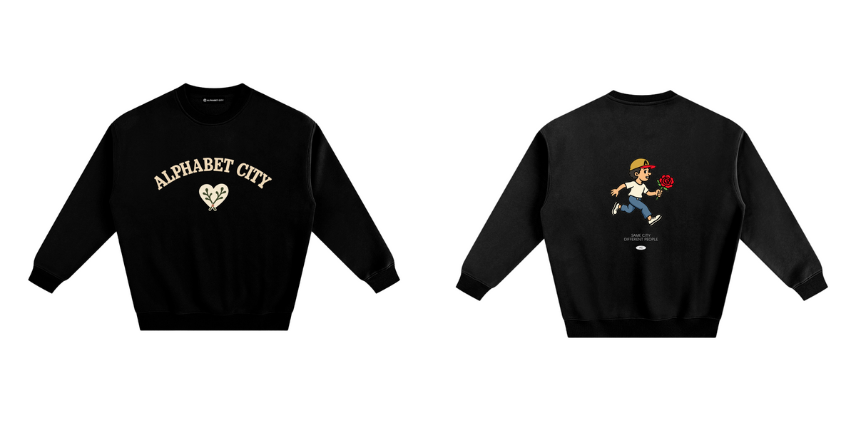 Rose Runner Sweatshirt in Black — top front back, digital product mockup