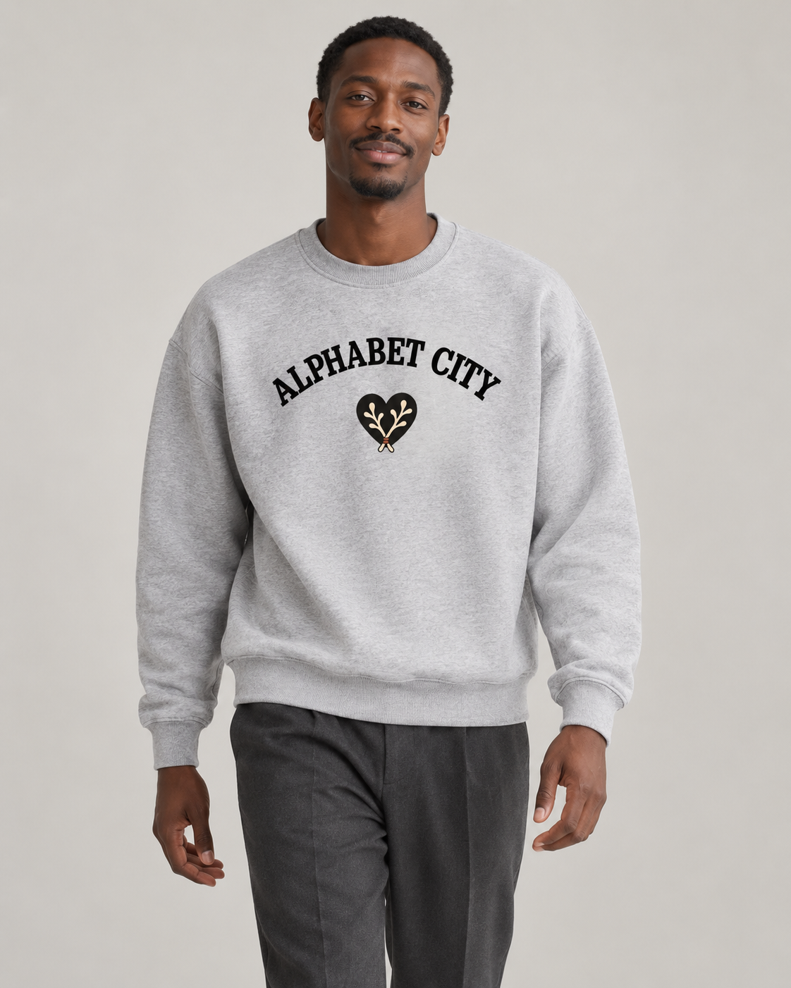 Rose Runner Sweatshirt in Flower Gray — male front, AI-assisted digital mockup