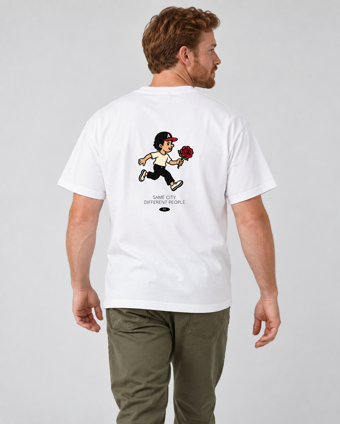 Rose Runner Tee in White — model back, AI-assisted digital mockup