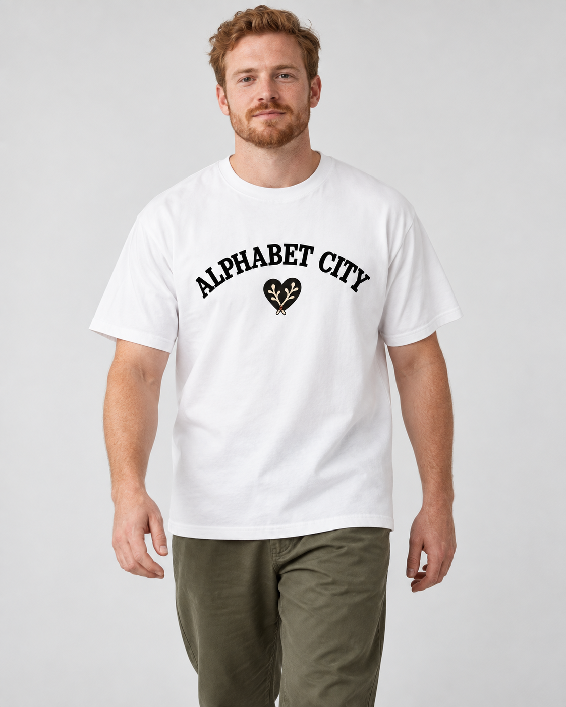 Rose Runner Tee in White — model front, AI-assisted digital mockup