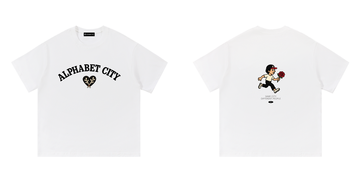 Rose Runner Tee in White — top front back, digital product mockup