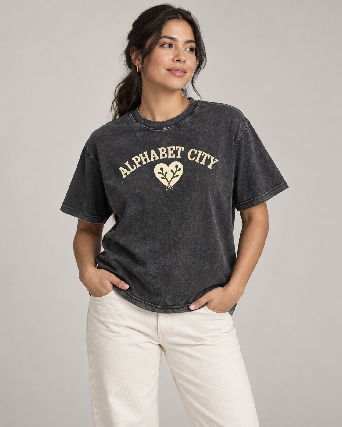Rose Runner Washed Tee in Black — model front, AI-assisted digital mockup