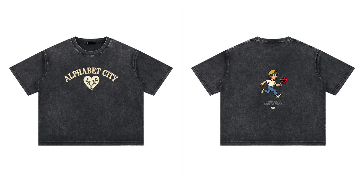 Rose Runner Washed Tee in Black — top front back, digital product mockup