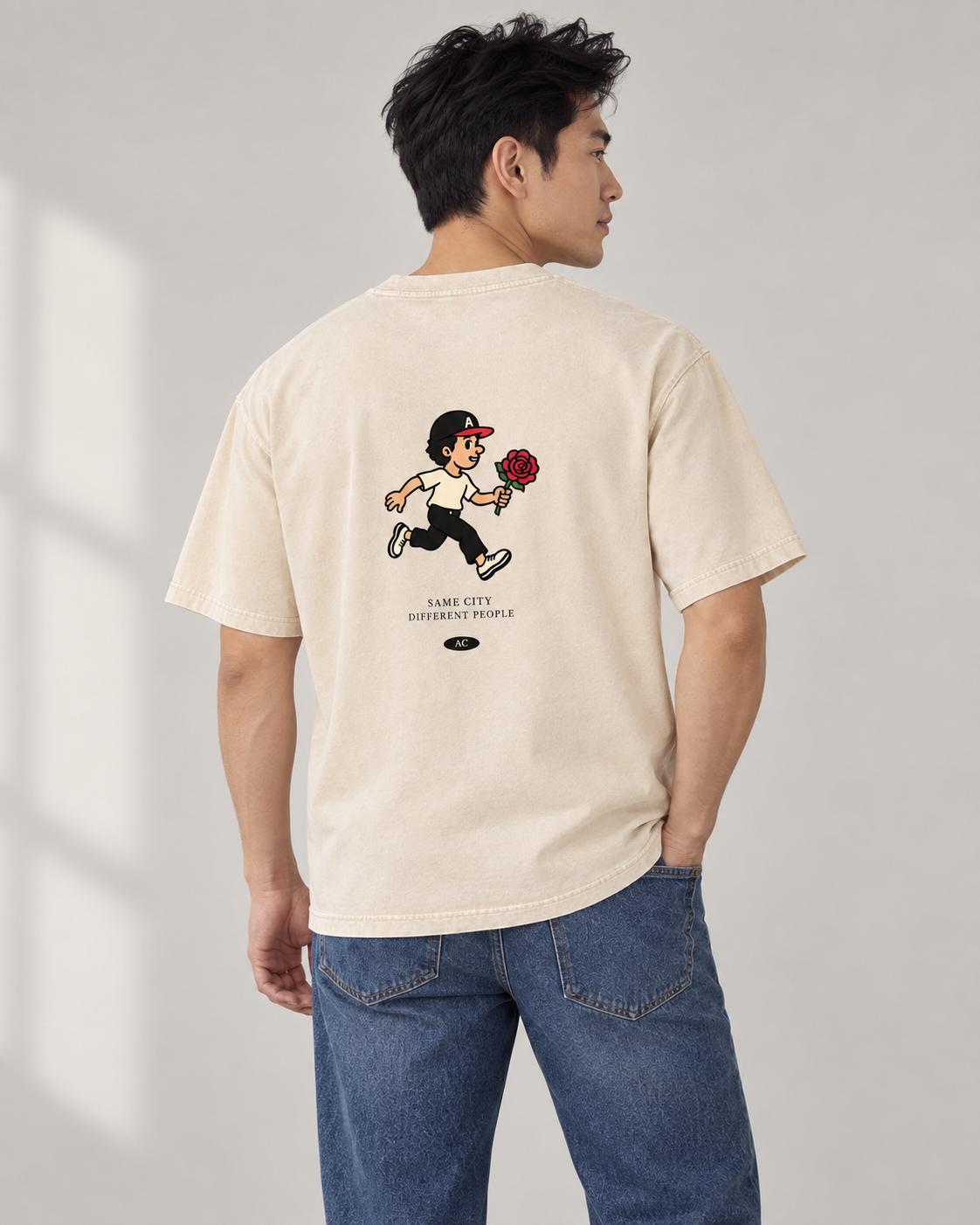 Rose Runner Washed Tee in Light Apricot — male back, AI-assisted digital mockup