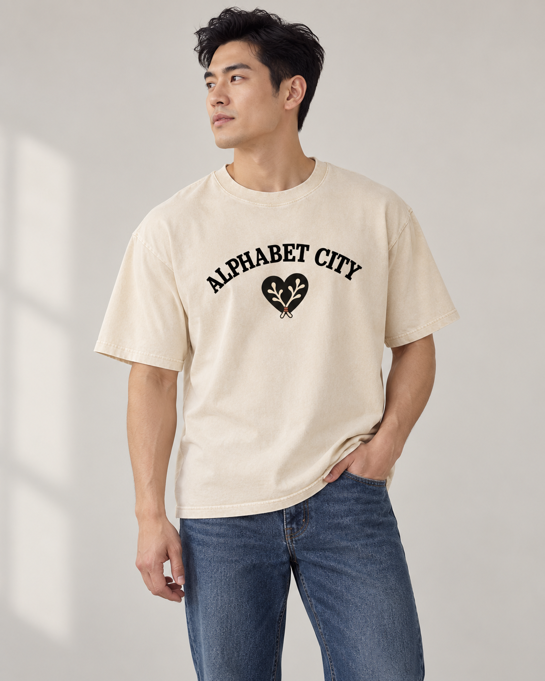 Rose Runner Washed Tee in Light Apricot — male front, AI-assisted digital mockup