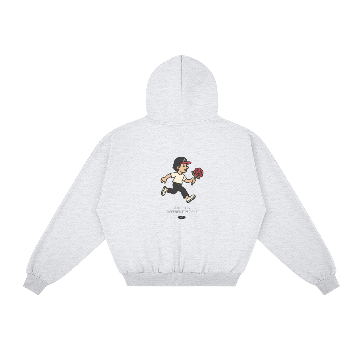 Rose Runner Zip Hoodie in Light Gray, back, angled view