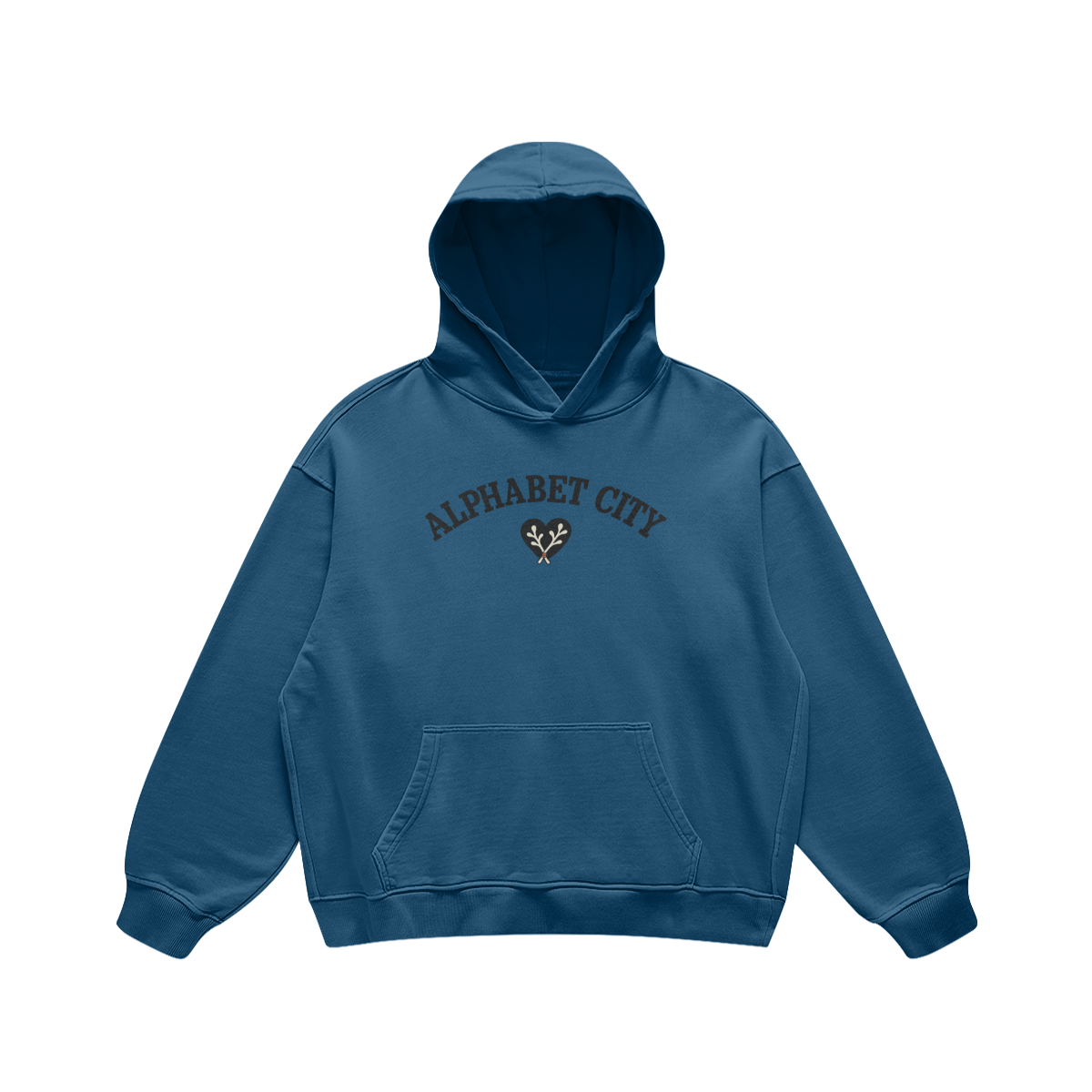 Heart Heavyweight Pullover Hoodie in Kashmir Blue, front, angled view