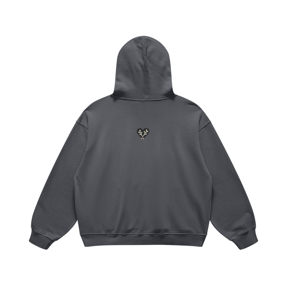 Heart Heavyweight Pullover Hoodie in Carbon Gray, back, angled view