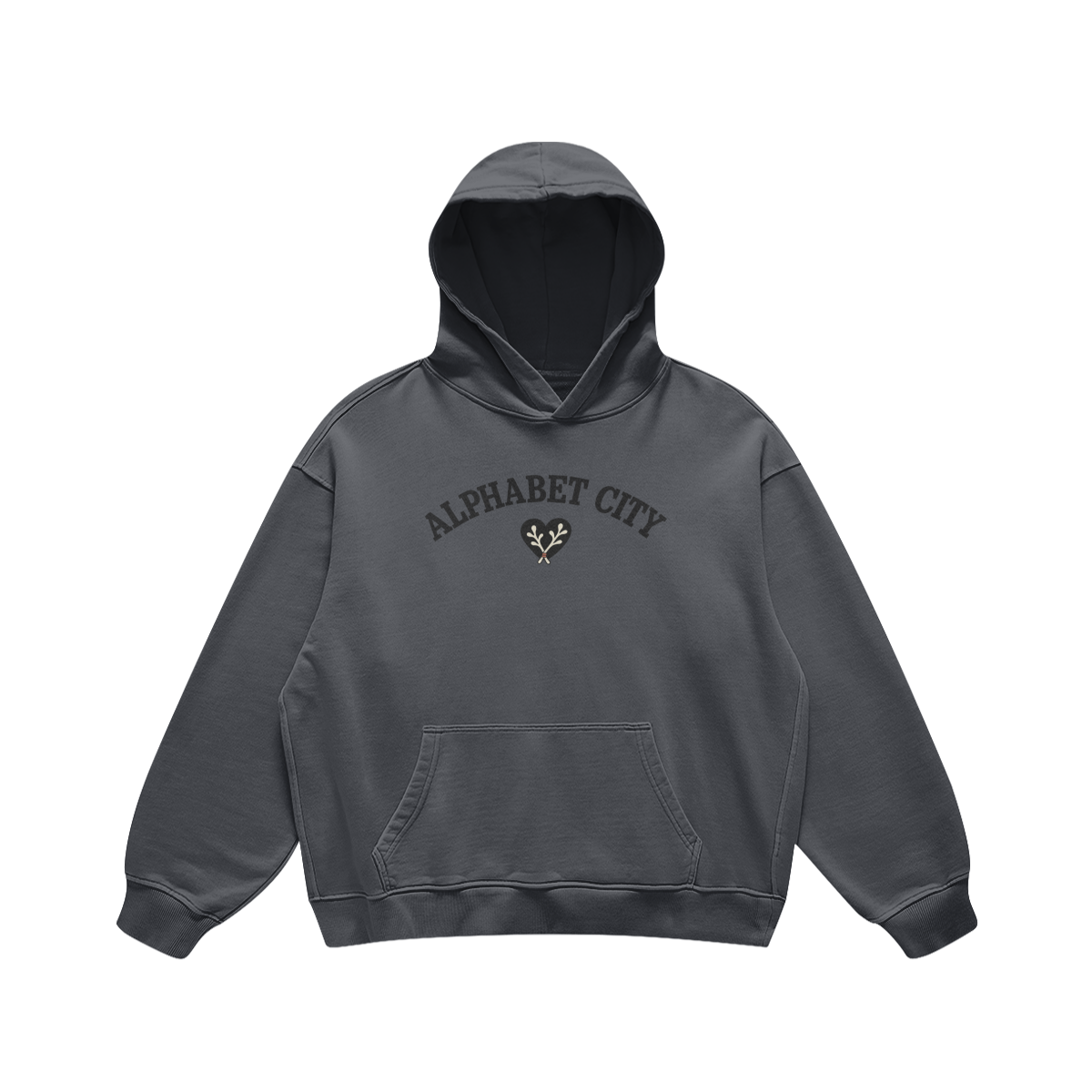 Heart Heavyweight Pullover Hoodie in Carbon Gray, front, angled view