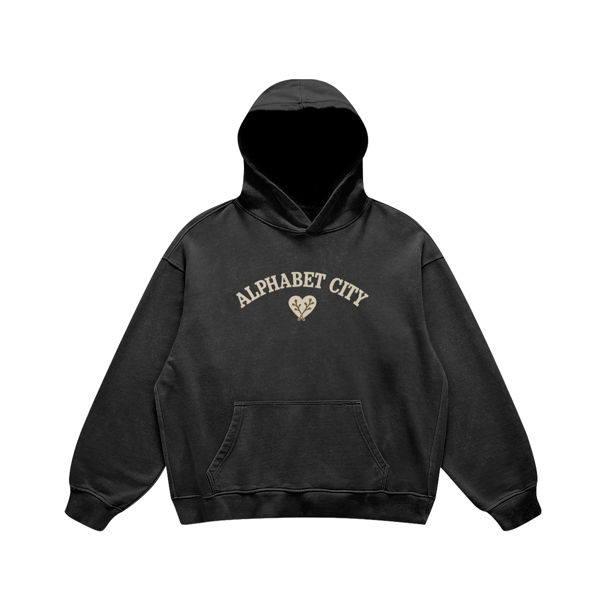 Heart Heavyweight Pullover Hoodie in Faded Black, front, angled view