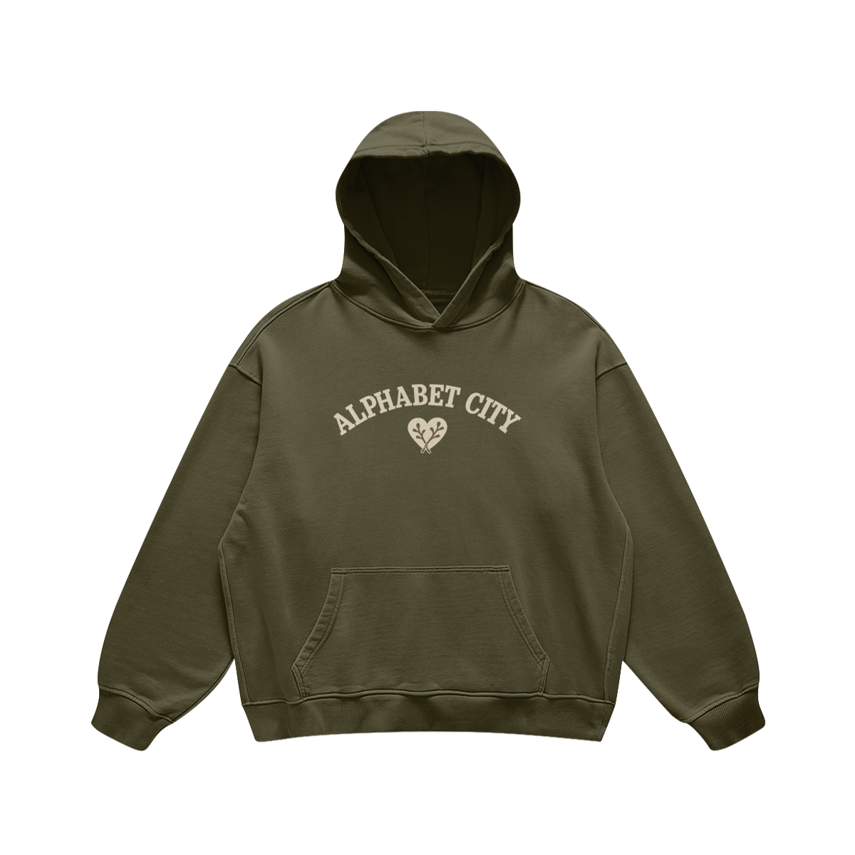 Heart Heavyweight Pullover Hoodie in Olive Green, front, angled view