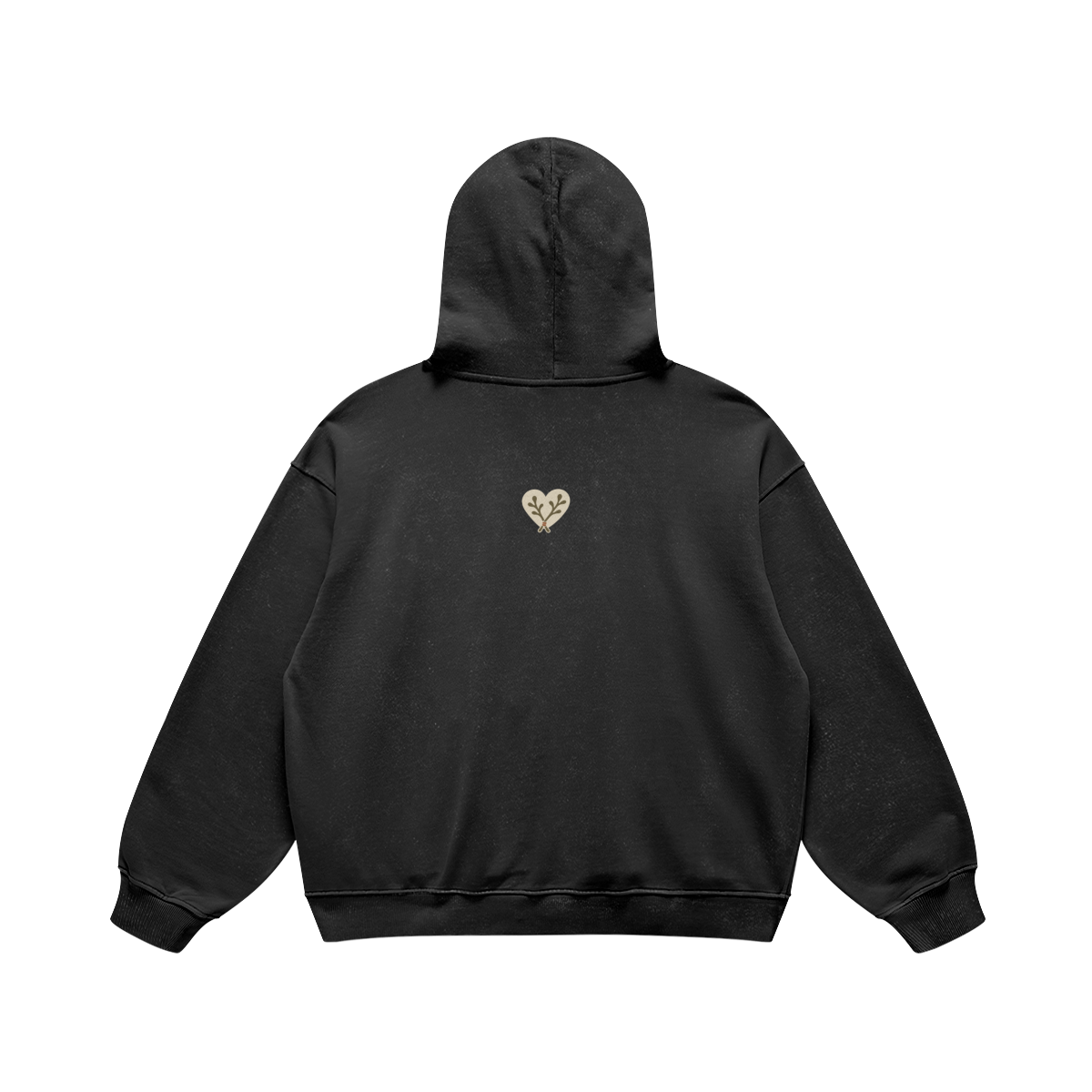 Heart Heavyweight Pullover Hoodie in Faded Black, back, angled view