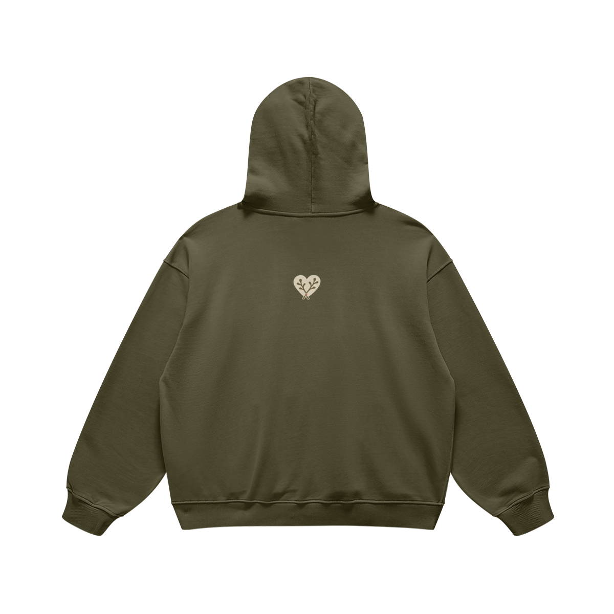 Heart Heavyweight Pullover Hoodie in Olive Green, back, angled view