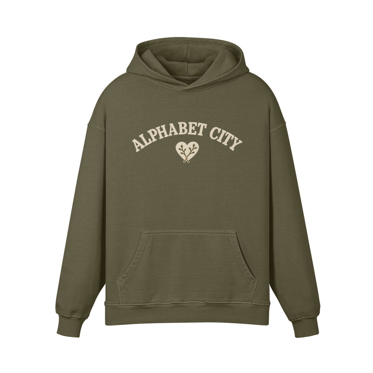 Heart Heavyweight Pullover Hoodie in Olive Green, front view