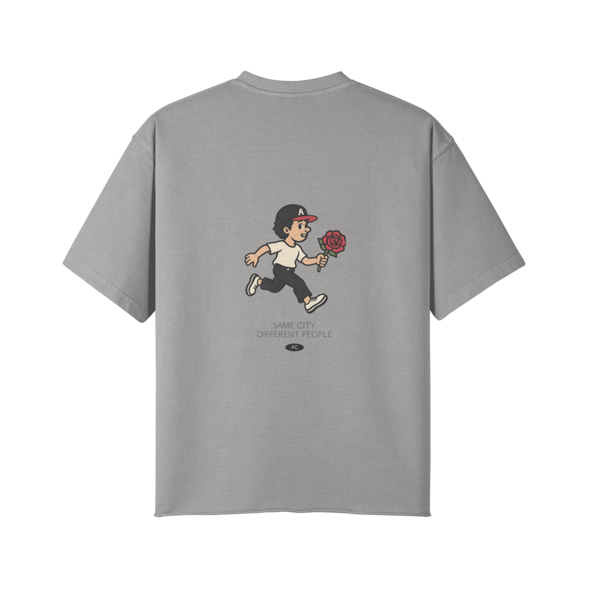 Rose Runner Cotton Tee in Light Gray, back view