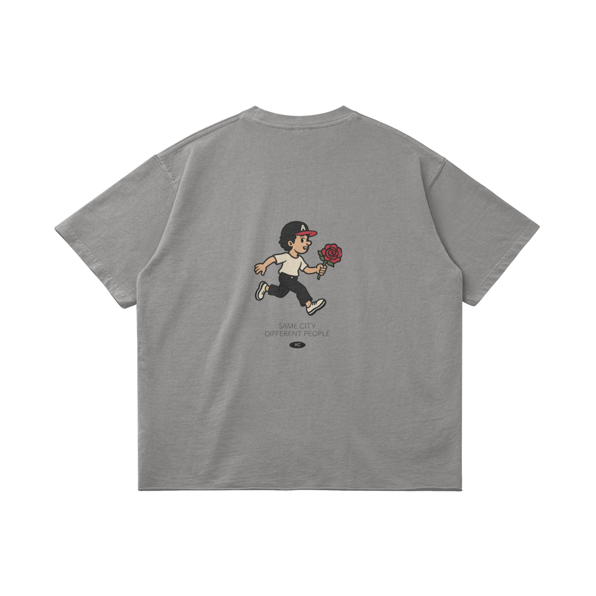 Rose Runner Cotton Tee in Light Gray, back, angled view