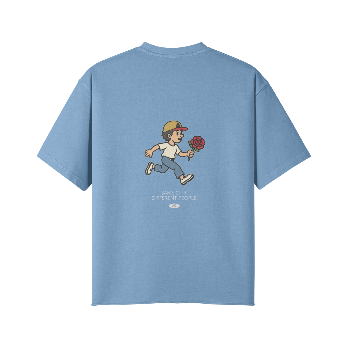 Rose Runner Cotton Tee in Slate Blue, back view
