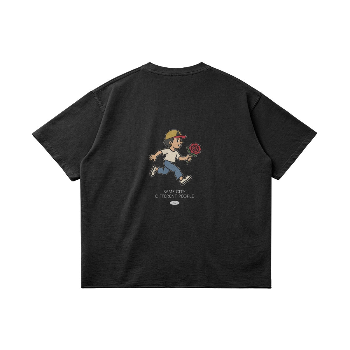 Rose Runner Cotton Tee in Faded Black, back, angled view