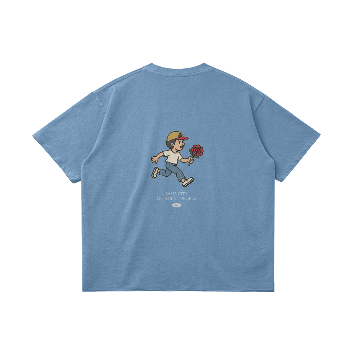 Rose Runner Cotton Tee in Slate Blue, back, angled view