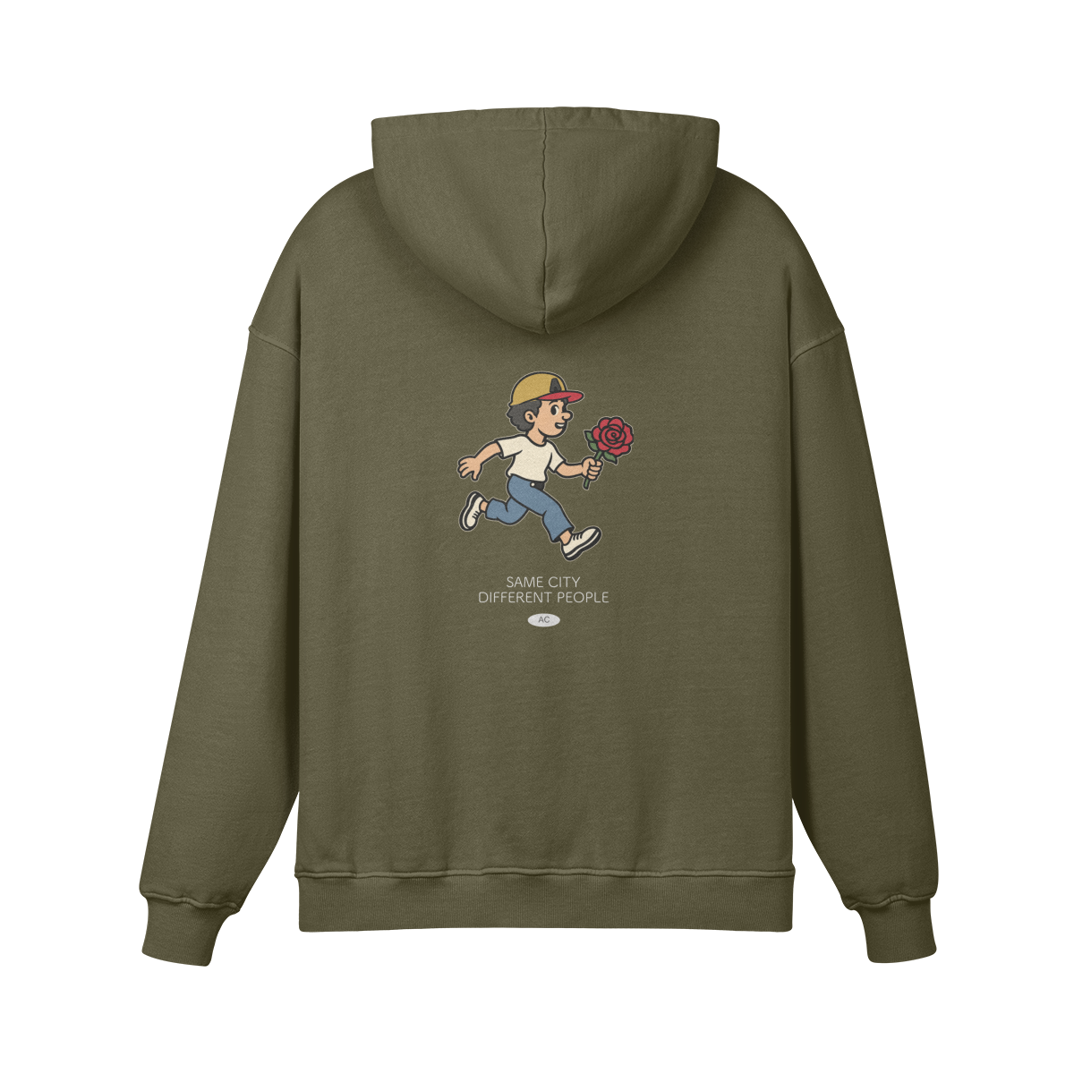 Rose Runner Heavyweight Pullover Hoodie in Olive Green, back view