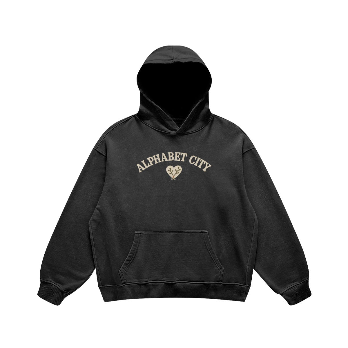 Rose Runner Heavyweight Pullover Hoodie in Faded Black, front, angled view