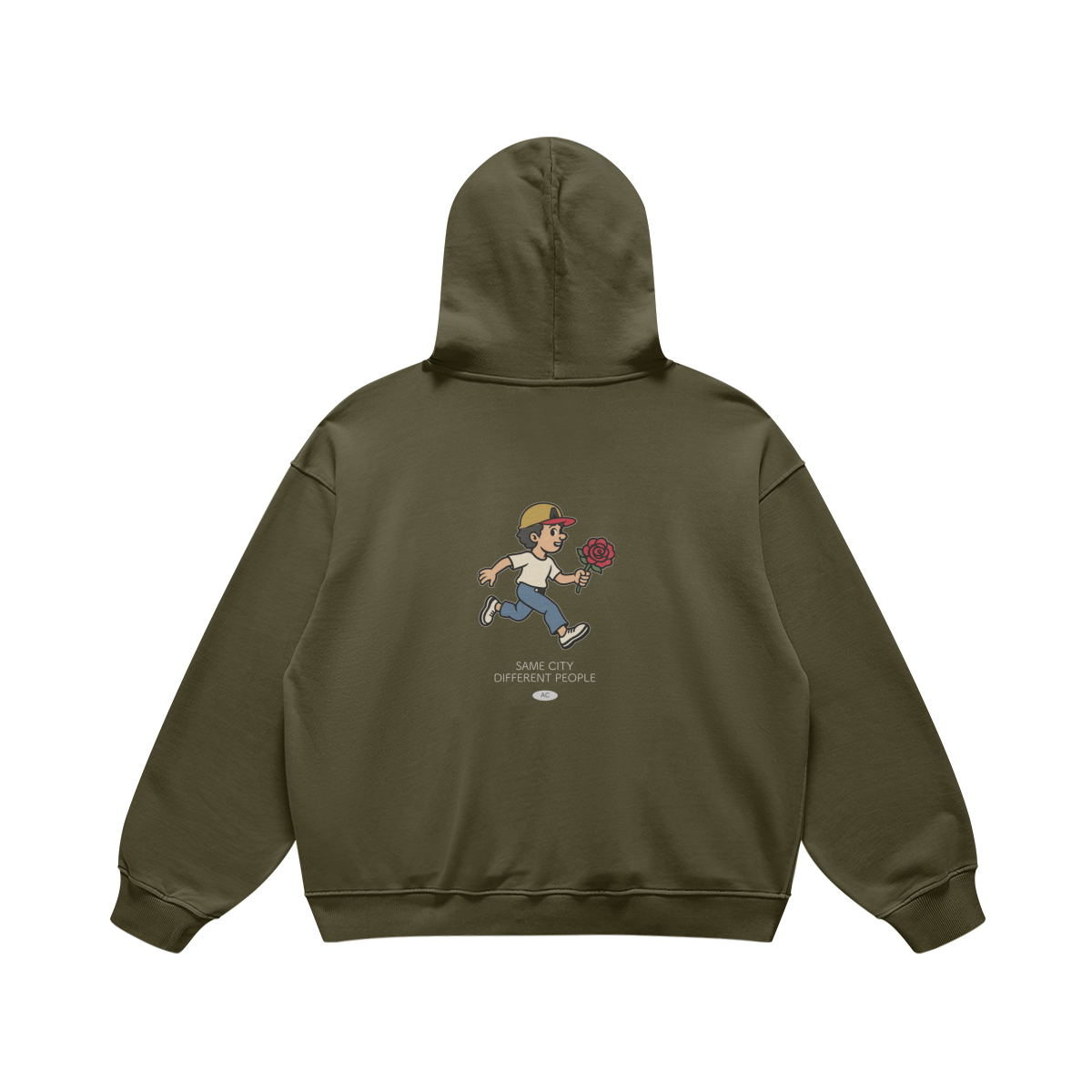 Rose Runner Heavyweight Pullover Hoodie in Olive Green, back, angled view