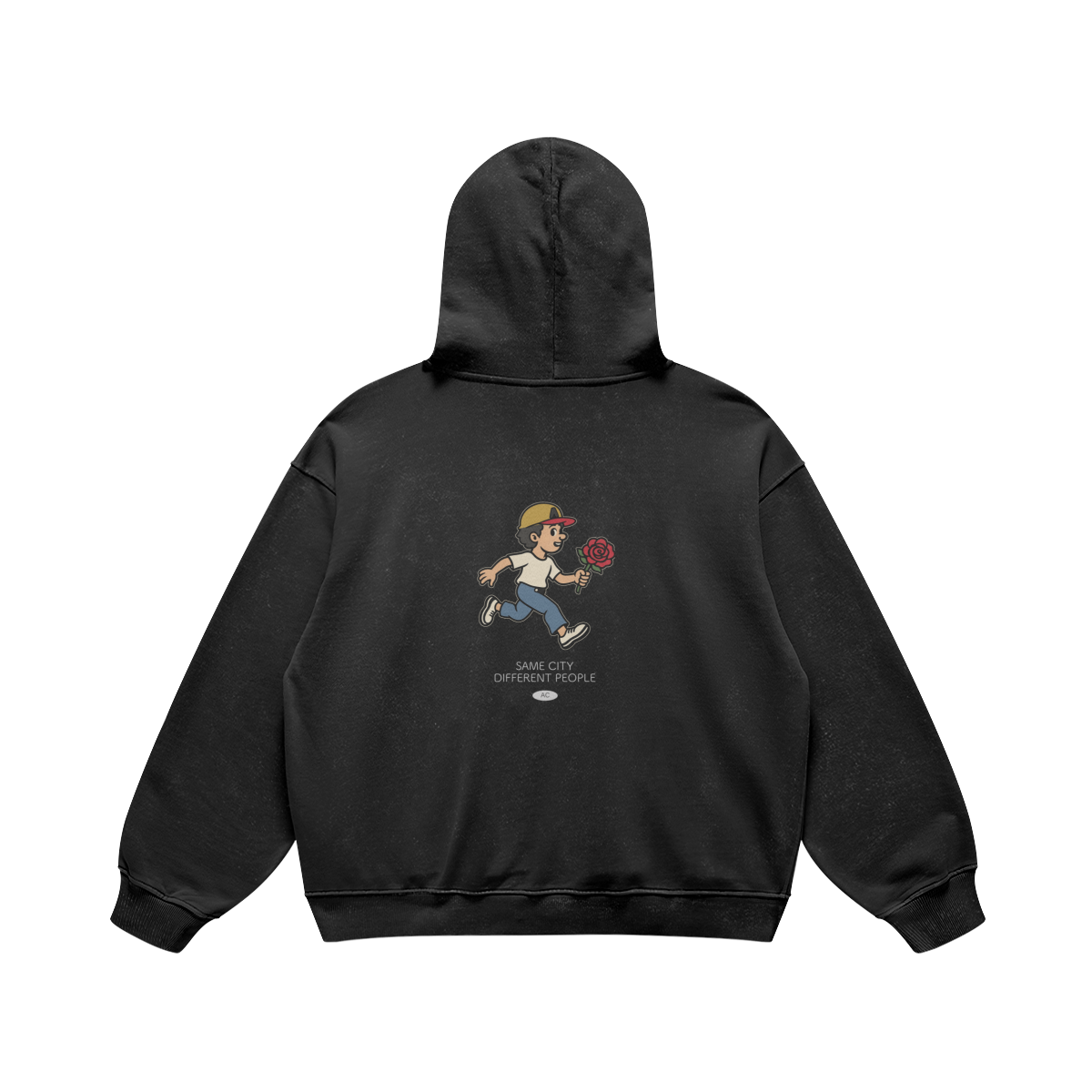 Rose Runner Heavyweight Pullover Hoodie in Faded Black, back, angled view