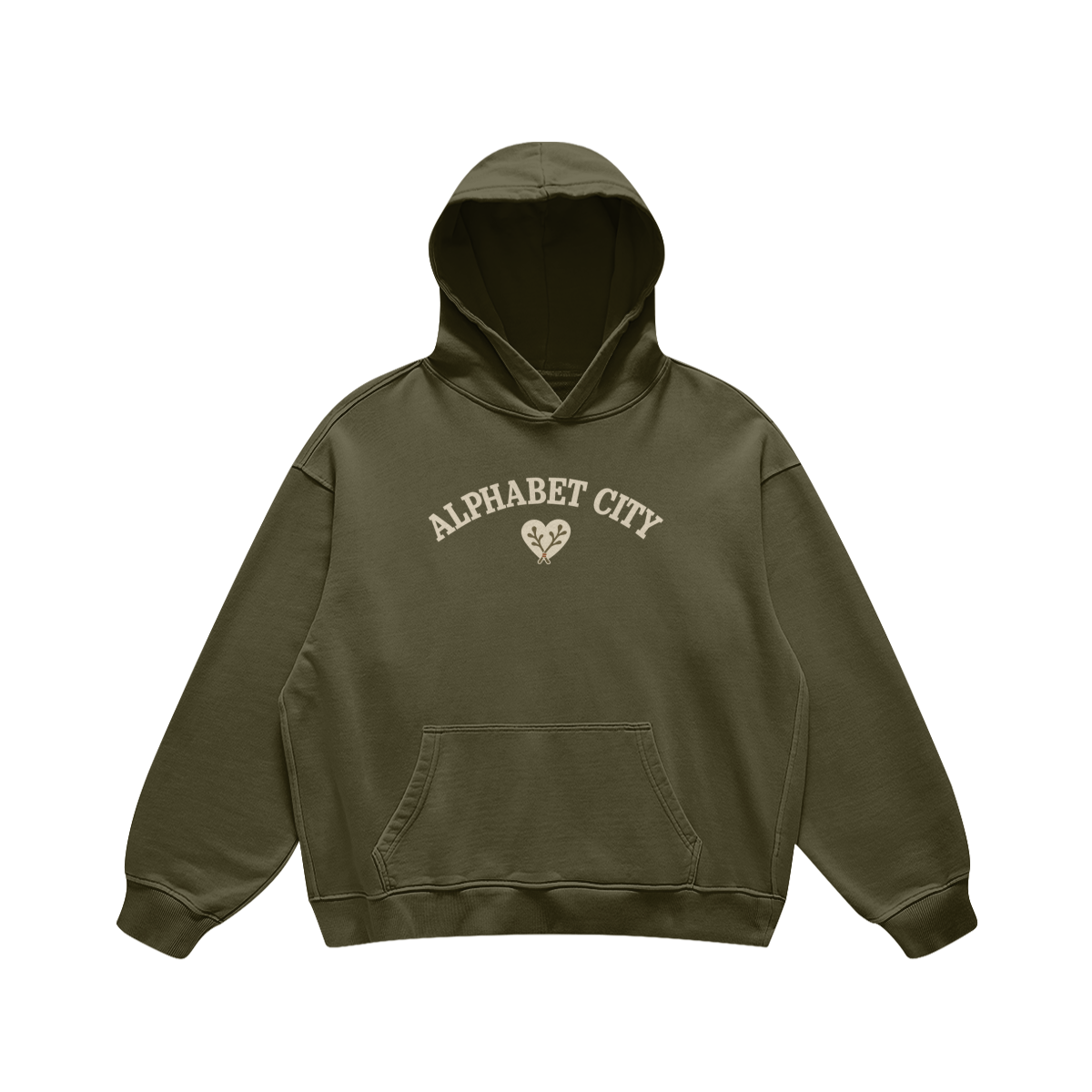 Rose Runner Heavyweight Pullover Hoodie in Olive Green, front, angled view